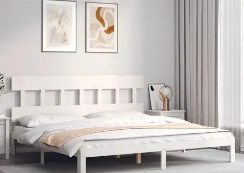 Cadru de pat cu tăblie Super King Size, alb, lemn masiv - 3/5