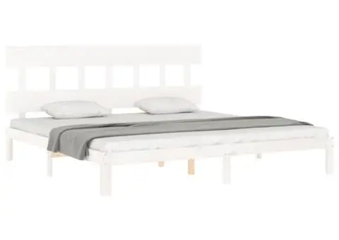 Cadru de pat cu tăblie Super King Size, alb, lemn masiv - 4/5