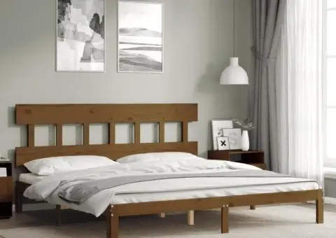 Cadru pat cu tăblie, maro miere, 200x200 cm, lemn masiv - 1/5