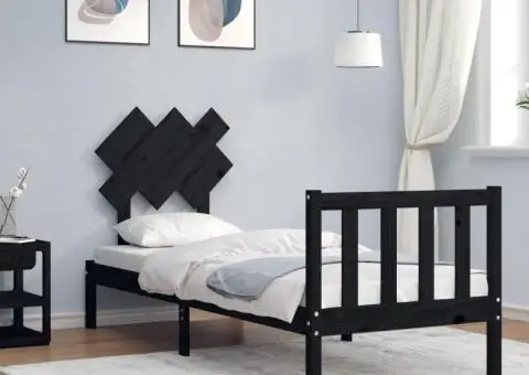 Cadru de pat cu tăblie Small Single, negru, lemn masiv - 1/5