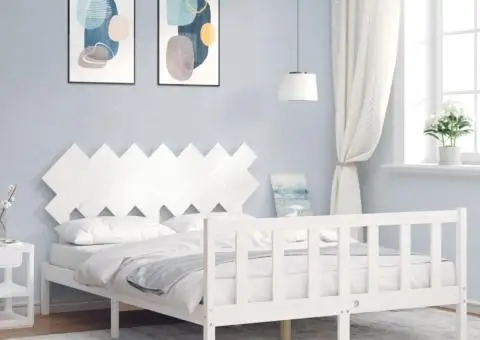 Cadru de pat cu tăblie, alb, king size, lemn masiv - 1/5