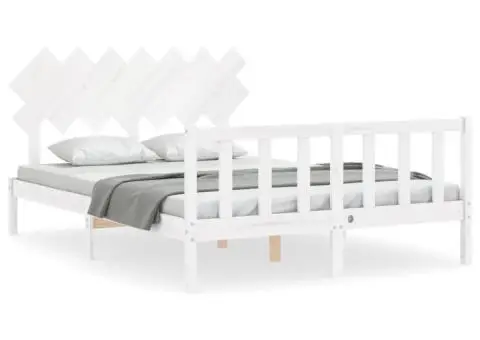 Cadru de pat cu tăblie, alb, king size, lemn masiv - 2/5