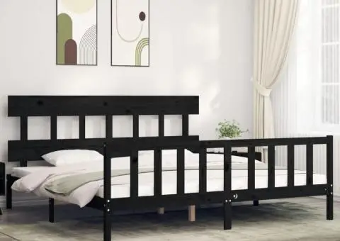 Cadru pat cu tăblie 200x200 cm, negru, lemn masiv - 1/5