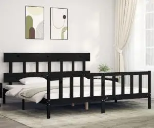 Cadru pat cu tăblie 200x200 cm, negru, lemn masiv