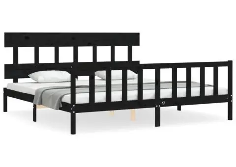 Cadru pat cu tăblie 200x200 cm, negru, lemn masiv - 2/5