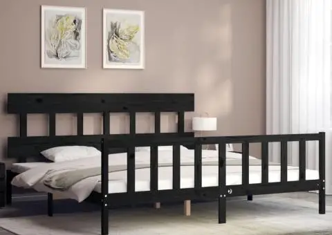 Cadru pat cu tăblie 200x200 cm, negru, lemn masiv - 3/5