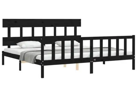 Cadru pat cu tăblie 200x200 cm, negru, lemn masiv - 4/5