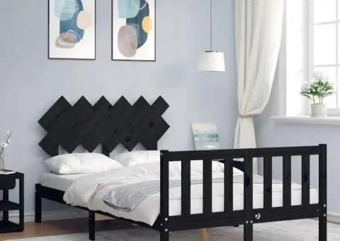 Cadru de pat cu tăblie dublu, negru, lemn masiv - 1/5