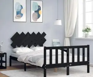 Cadru de pat cu tăblie dublu, negru, lemn masiv