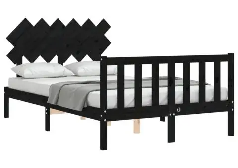 Cadru de pat cu tăblie dublu, negru, lemn masiv - 4/5