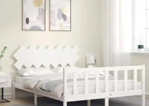 Cadru de pat fără saltea, alb, 140x190 cm, lemn masiv de pin - 3/5