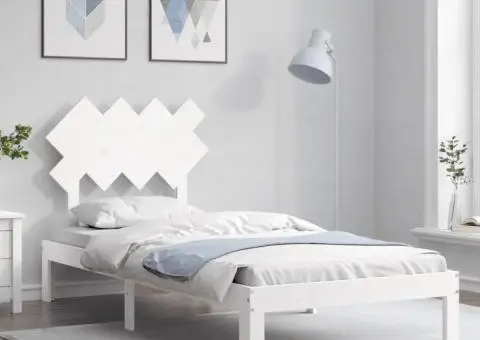 Cadru de pat cu tăblie single, alb, lemn masiv - 1/5