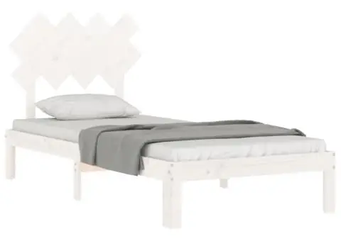 Cadru de pat cu tăblie single, alb, lemn masiv - 4/5