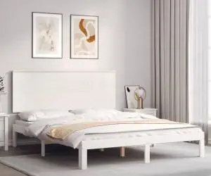Cadru de pat cu tăblie, alb, king size, lemn masiv