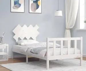 Cadru de pat cu tăblie single, alb, lemn masiv