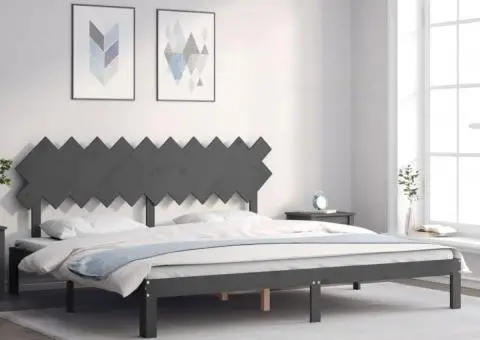Cadru pat cu tăblie 200x200 cm, gri, lemn masiv - 1/5
