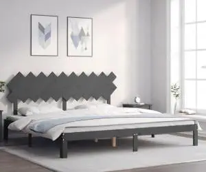 Cadru pat cu tăblie 200x200 cm, gri, lemn masiv