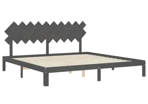 Cadru pat cu tăblie 200x200 cm, gri, lemn masiv - 5/5