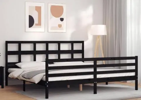 Cadru pat cu tăblie 200x200 cm, negru, lemn masiv - 1/5