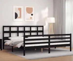 Cadru pat cu tăblie 200x200 cm, negru, lemn masiv
