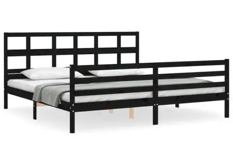 Cadru pat cu tăblie 200x200 cm, negru, lemn masiv - 2/5