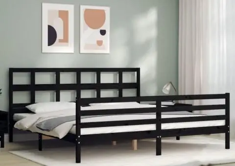 Cadru pat cu tăblie 200x200 cm, negru, lemn masiv - 4/5