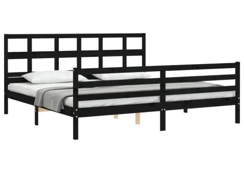 Cadru pat cu tăblie 200x200 cm, negru, lemn masiv - 5/5