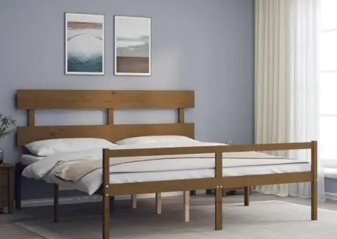 Cadru de pat senior cu tăblie, 200x200 cm maro miere lemn masiv - 1/5