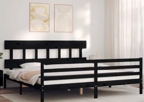 Cadru pat cu tăblie 200x200 cm, negru, lemn masiv - 1/5