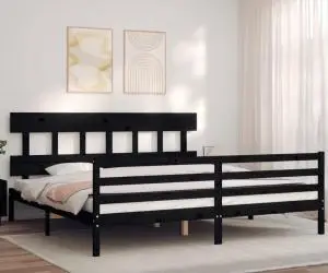 Cadru pat cu tăblie 200x200 cm, negru, lemn masiv