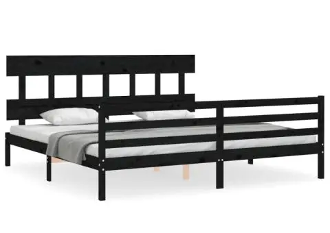 Cadru pat cu tăblie 200x200 cm, negru, lemn masiv - 2/5