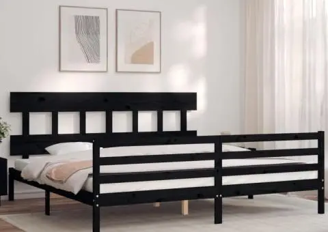 Cadru pat cu tăblie 200x200 cm, negru, lemn masiv - 3/5