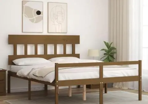 Cadru de pat senior cu tăblie, maro miere, king size lemn masiv - 3/5