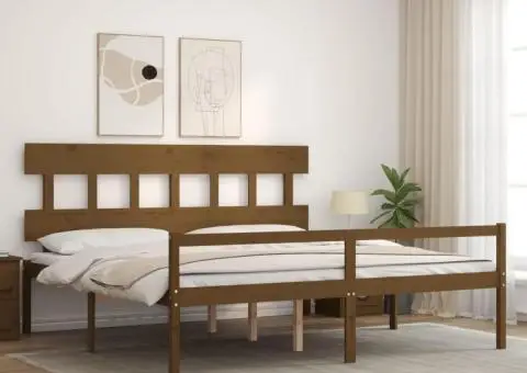 Cadru de pat senior cu tăblie, 200x200 cm maro miere lemn masiv - 3/5