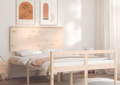 Cadru de pat senior cu tăblie dublu mic, lemn masiv - 1/5