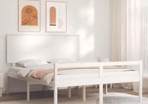 Cadru de pat senior cu tăblie, alb, king size, lemn masiv - 1/5