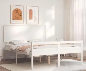Cadru de pat senior cu tăblie, alb, king size, lemn masiv