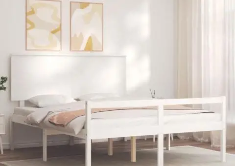 Cadru de pat senior cu tăblie, alb, king size, lemn masiv - 3/5