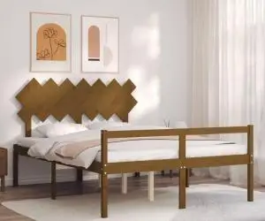 Cadru de pat senior cu tăblie, maro miere, king size lemn masiv
