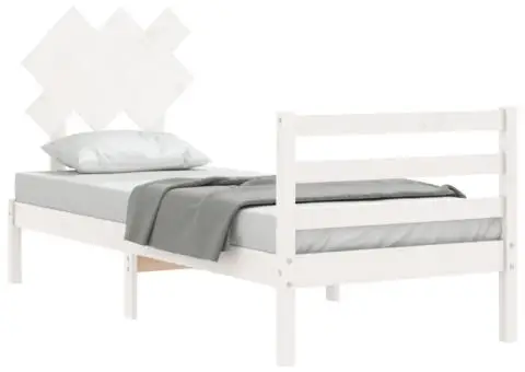 Cadru de pat cu tăblie single, alb, lemn masiv - 4/5