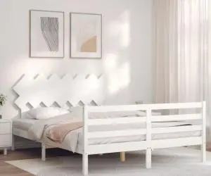 Cadru de pat cu tăblie, alb, king size, lemn masiv