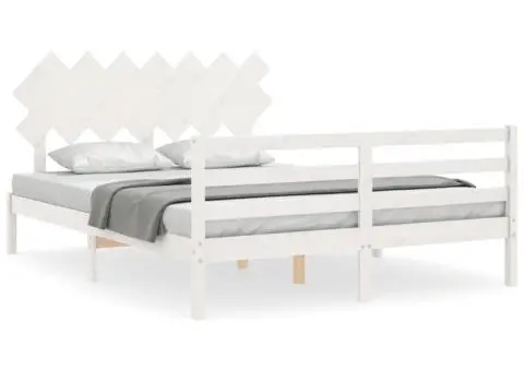 Cadru de pat cu tăblie, alb, king size, lemn masiv - 2/5