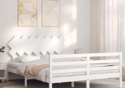 Cadru de pat cu tăblie, alb, king size, lemn masiv - 3/5