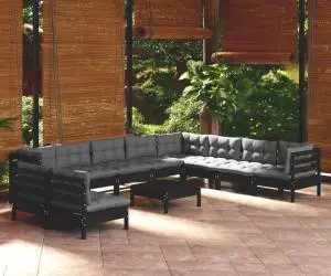 Set mobilier grădină cu perne, 11 piese, negru, lemn masiv pin