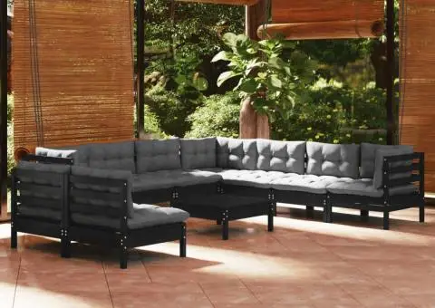 Set mobilier de grădină cu perne 10 piese negru lemn masiv pin - 1/5