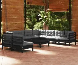Set mobilier de grădină cu perne 10 piese negru lemn masiv pin