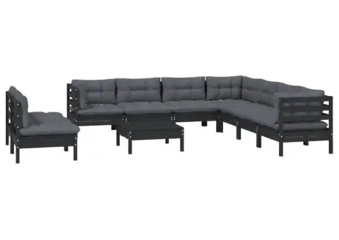 Set mobilier de grădină cu perne 10 piese negru lemn masiv pin - 3/5
