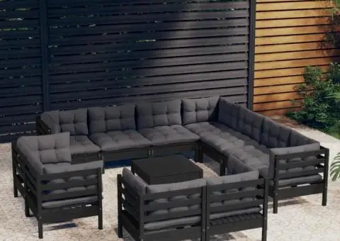 Set mobilier grădină cu perne, 12 piese, negru, lemn masiv pin - 1/5