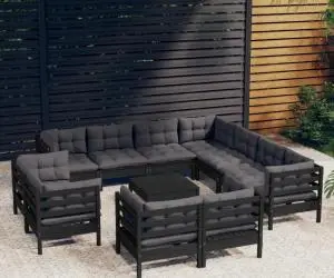 Set mobilier grădină cu perne, 12 piese, negru, lemn masiv pin
