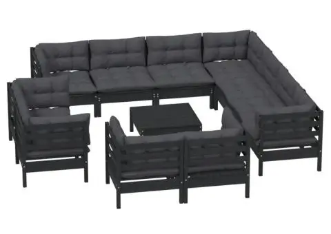 Set mobilier grădină cu perne, 12 piese, negru, lemn masiv pin - 3/5